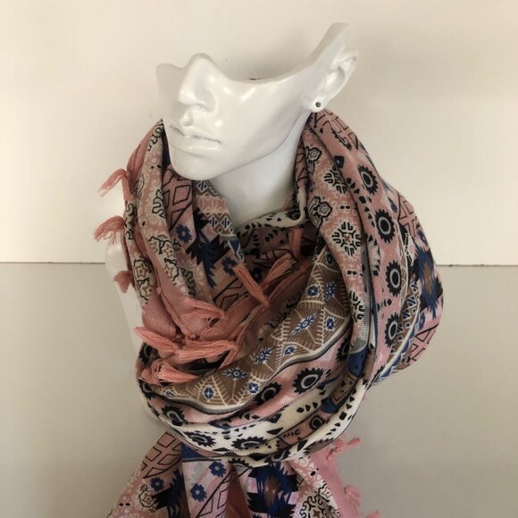 Bohemian Inspired Pink Blue Geometric Patterned Scarf Tassels Square 43x43in - Picture 3 of 5